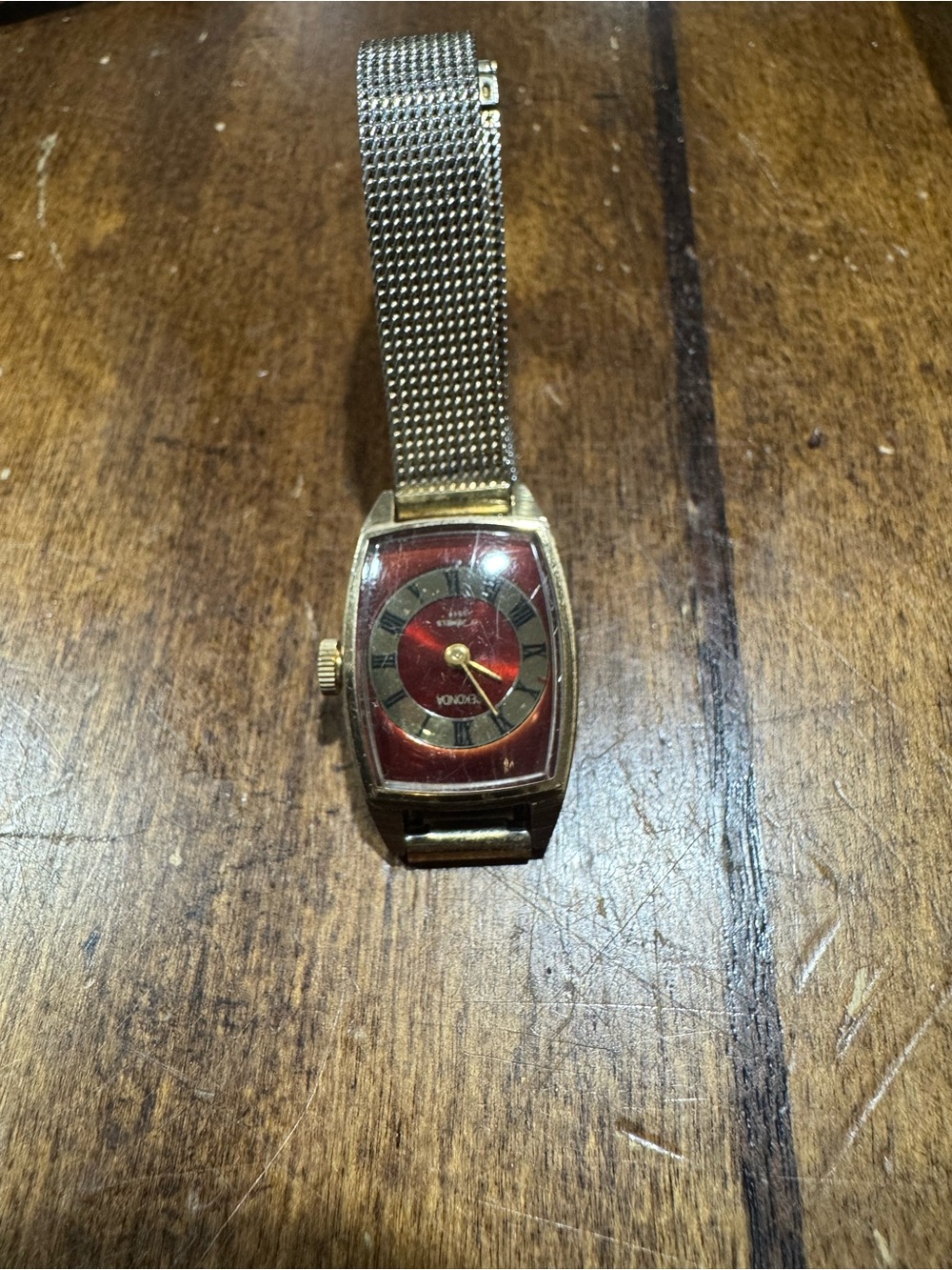Women's Gold-Tone Watch with Red Dial and Mesh Bracelet